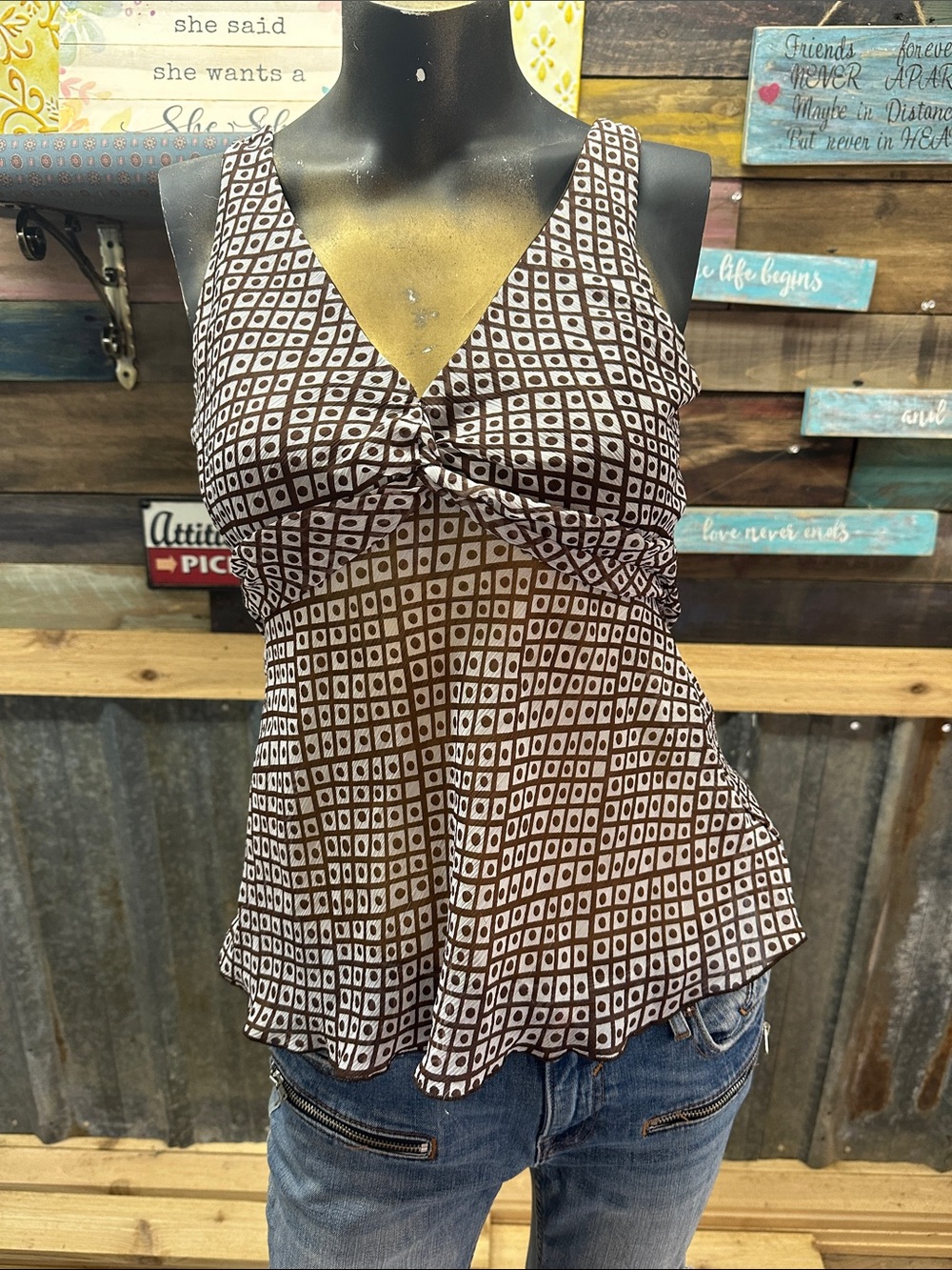 Iz Byer Brown and White Geometric Twist-Front Camisole